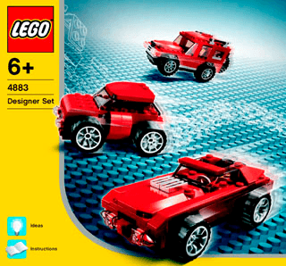 LEGO set instructions with red vehicle model on a blue grid background