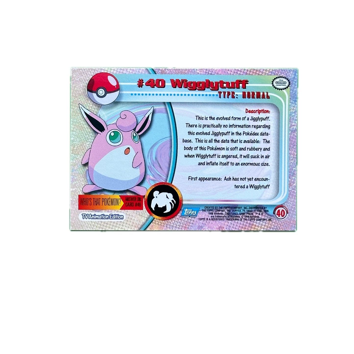 Wigglytuff #40 Topps TV Animation Edition Blue Logo Series 1 Pokémon Light Play