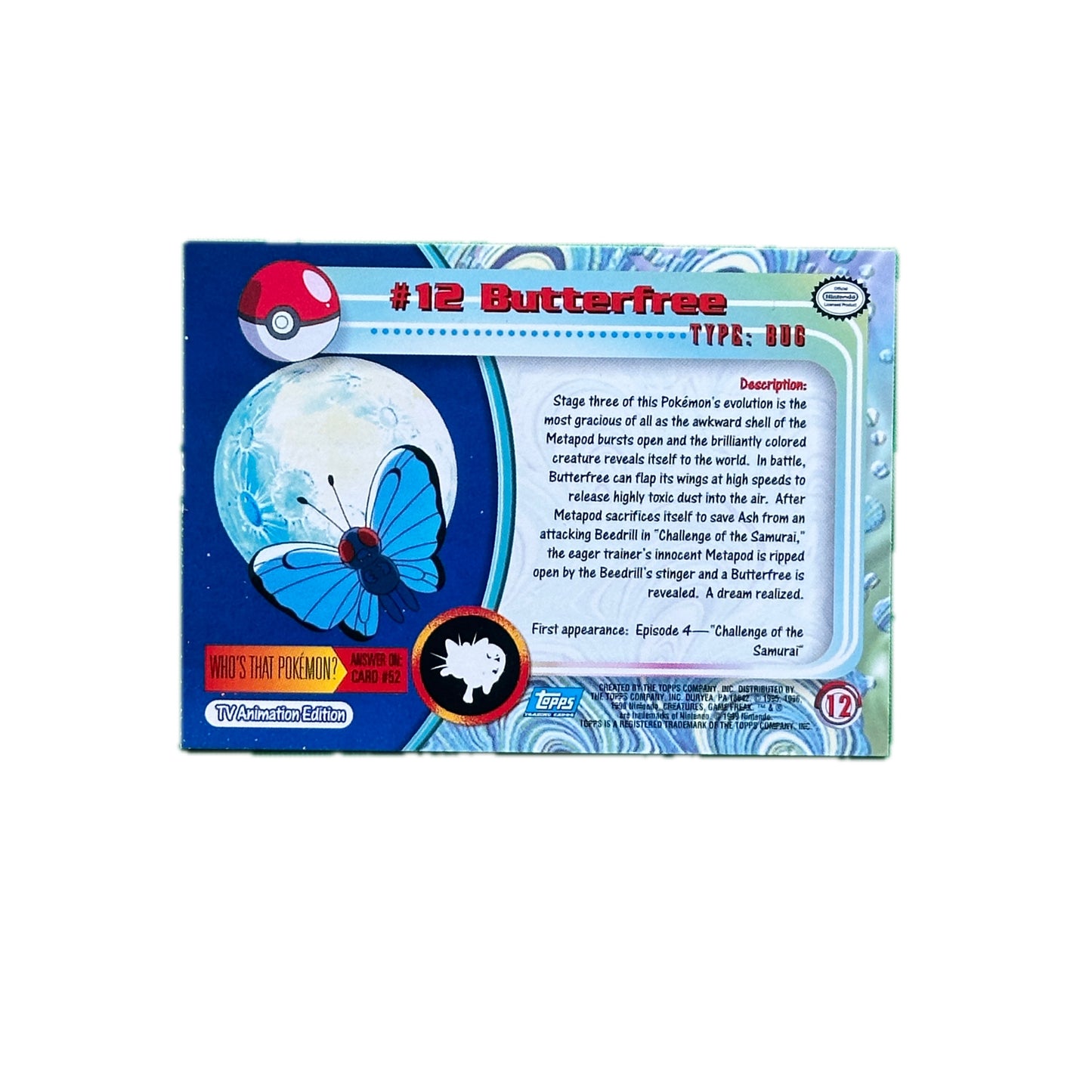 Butterfree #12 Topps TV Animation Edition Blue Logo Series 1 Pokémon Light Play