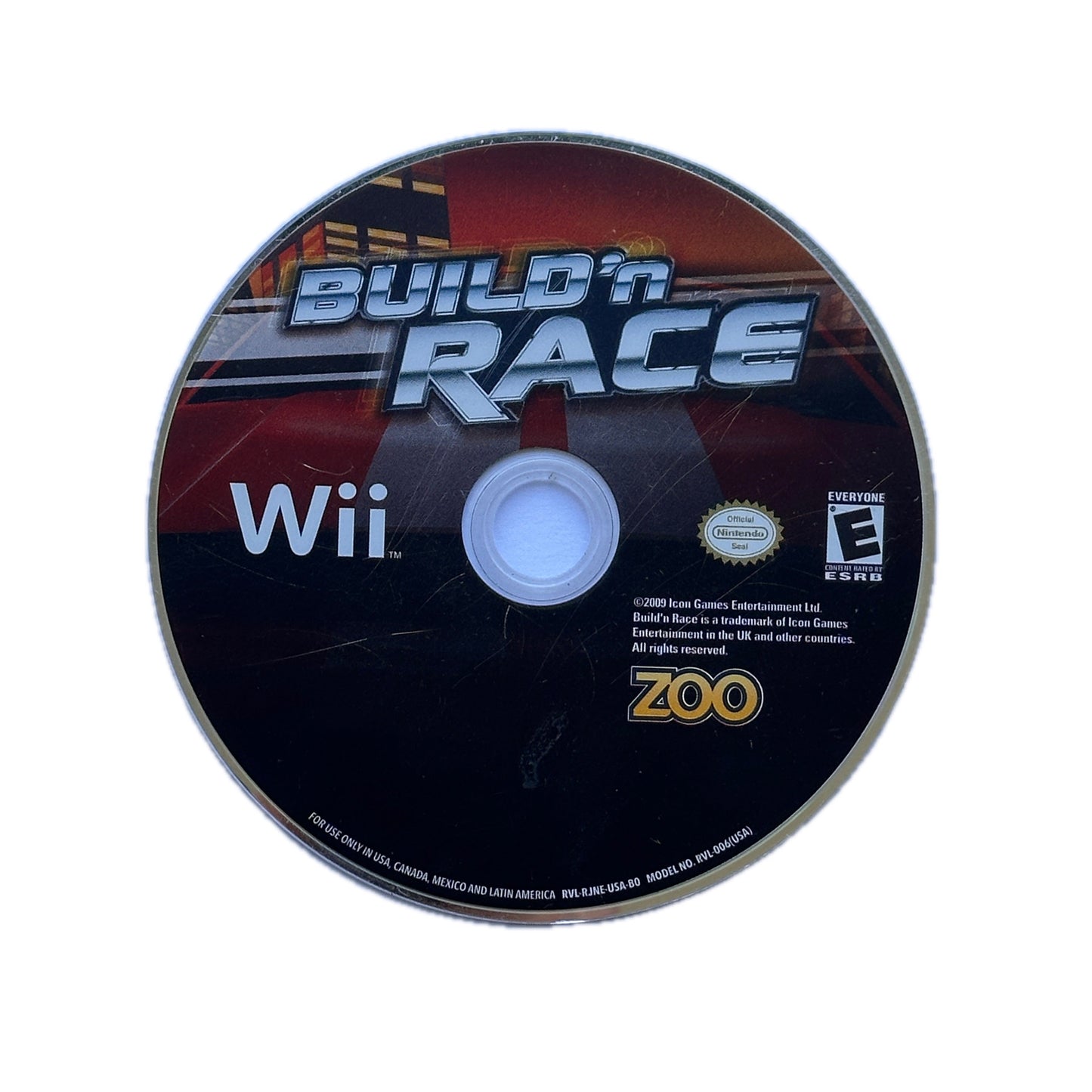 Game disc for 'Build'NRace' on Wii with Zoo logo and ESRB rating.