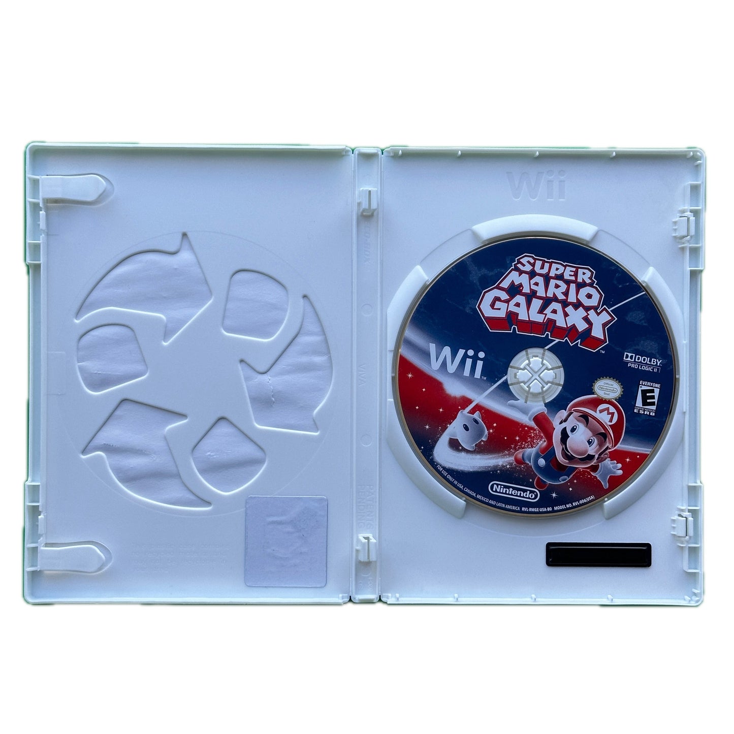 Super Mario Galaxy Wii game disc in a OEM plastic case with a recycling symbol.