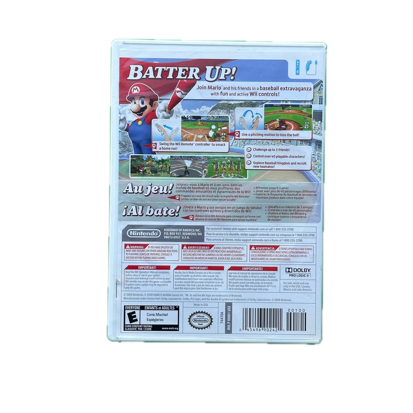 Nintendo Wii game box for 'Mario Super Slugger' with Mario character on a white background