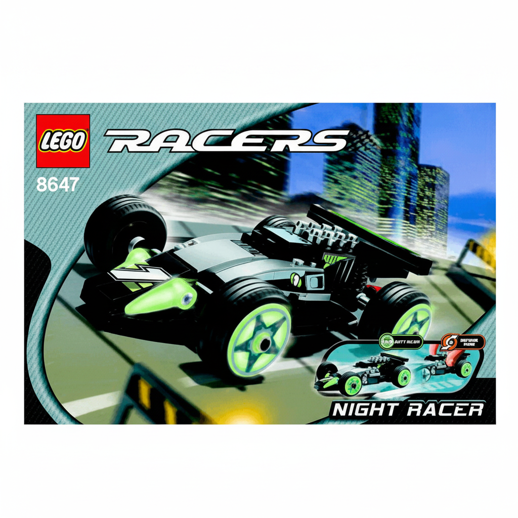 LEGO Racers set Instructions with two racing cars on a cityscape background