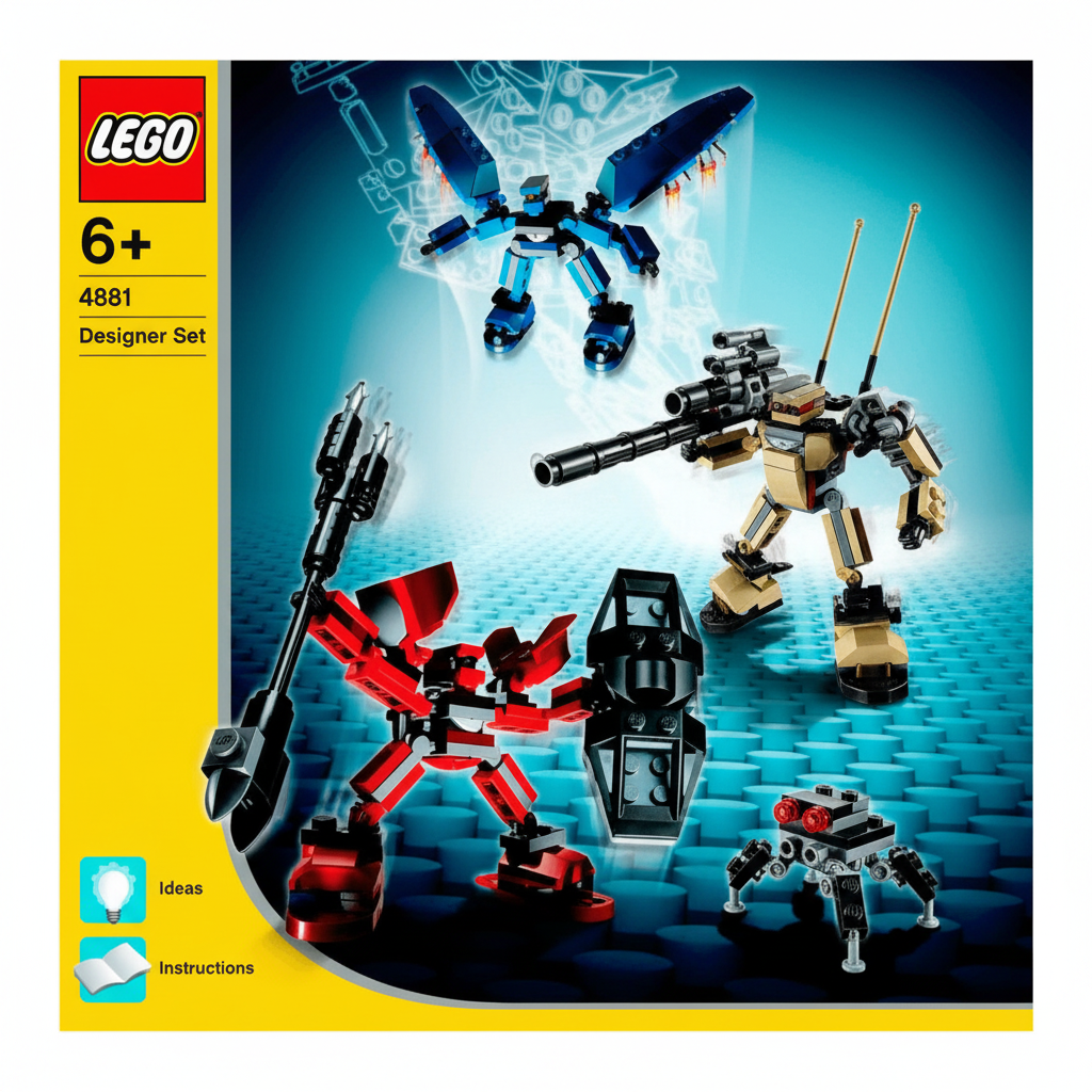 LEGO 4881 Designer Set instructions with robot models on a blue background