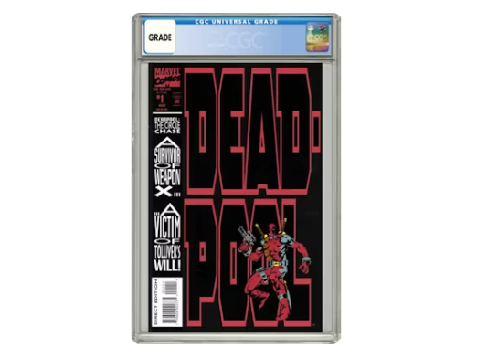 Comic book cover of 'Deadpool' with character illustration and text, framed in a protective case.