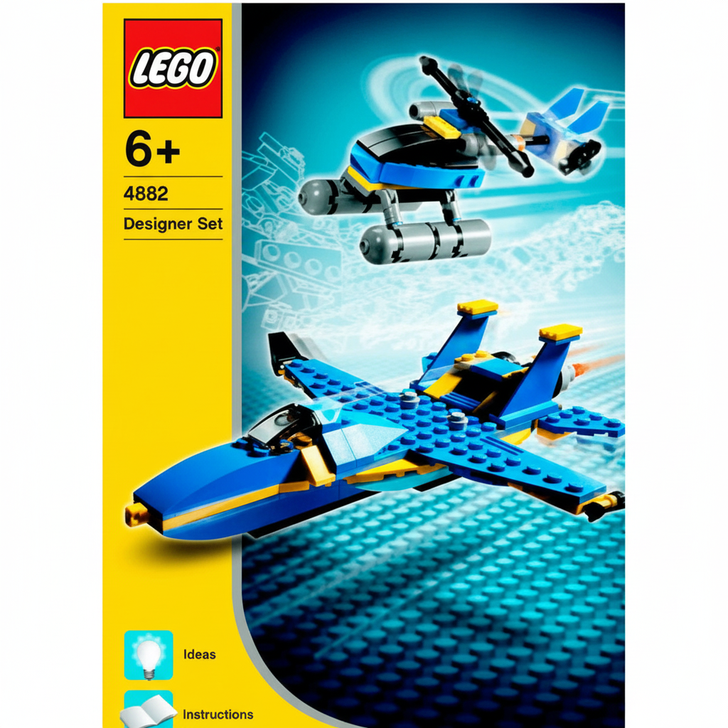 LEGO set Instructions with blue and yellow airplane model on a blue background