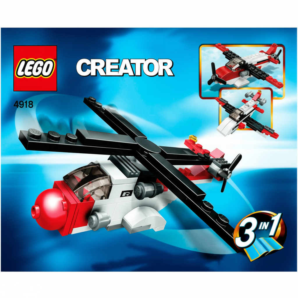 LEGO Creator set Manualwith airplane model on a blue background