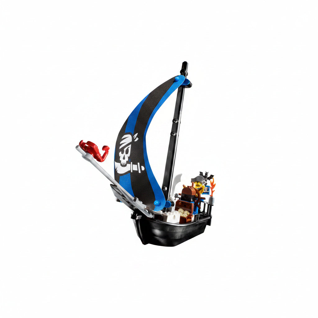 Pirate ship model made of interlocking bricks with a skull and crossbones sail on a white background