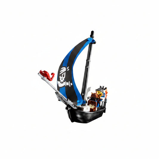 Pirate ship model made of interlocking bricks with a skull and crossbones sail on a white background