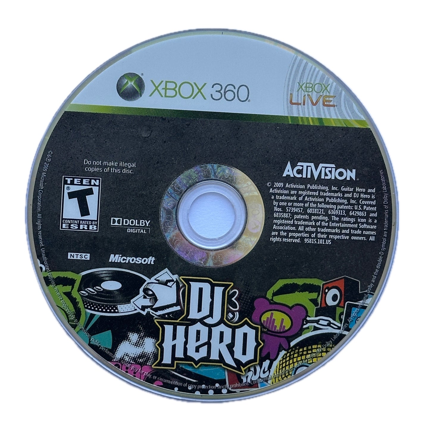Xbox 360 game disc for 'DJ Hero' with Activision branding on a white background