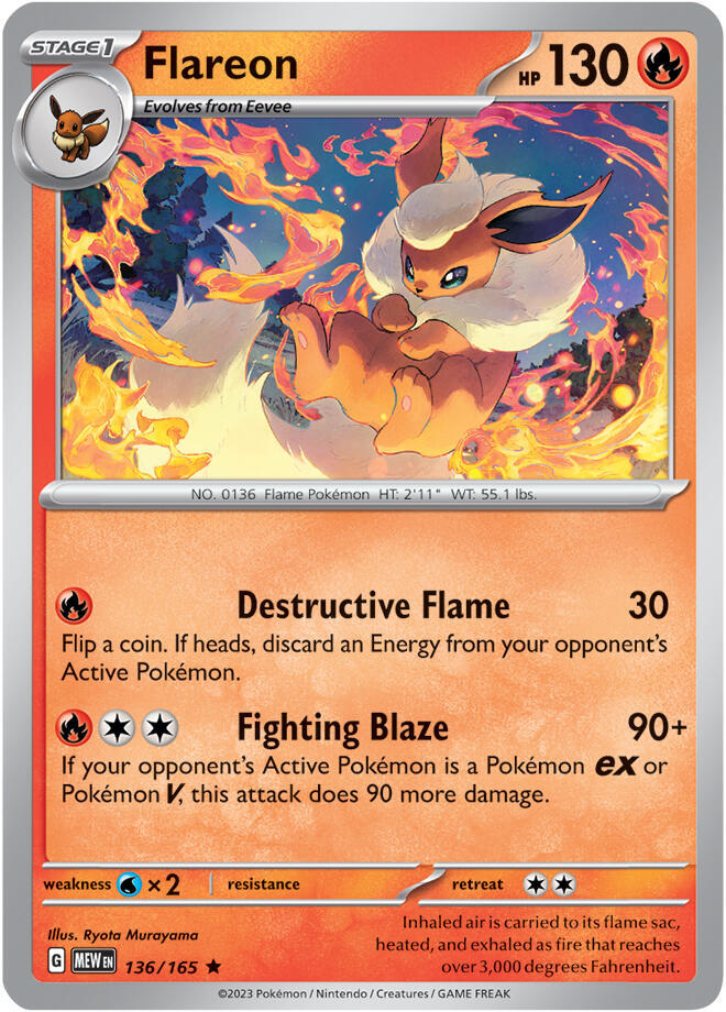 Flareon Holo 136/165 Scarlet & Violet 151 Pokémon Raw