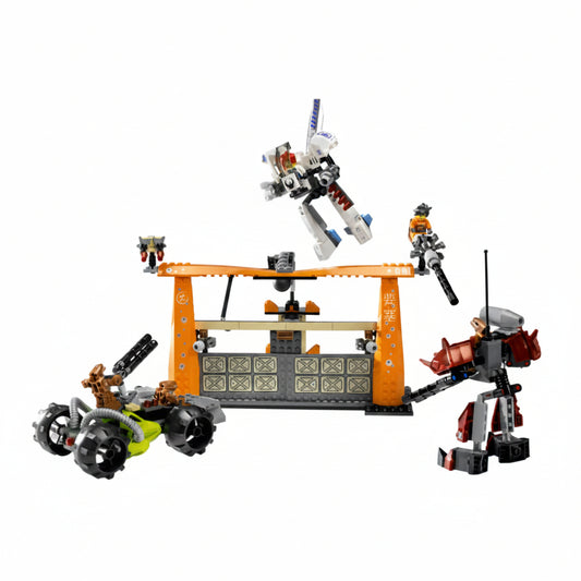 LEGO set with various robotic figures on a white background