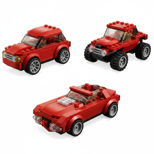 Three red toy cars made of interlocking bricks on a white background