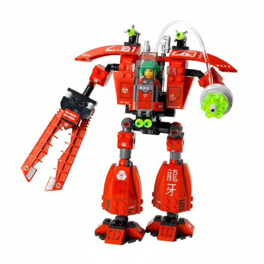 Red and orange robot toy with green accents on a white background
