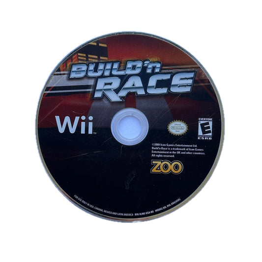 Game disc for 'Build'NRace' on Wii with Zoo logo and ESRB rating.