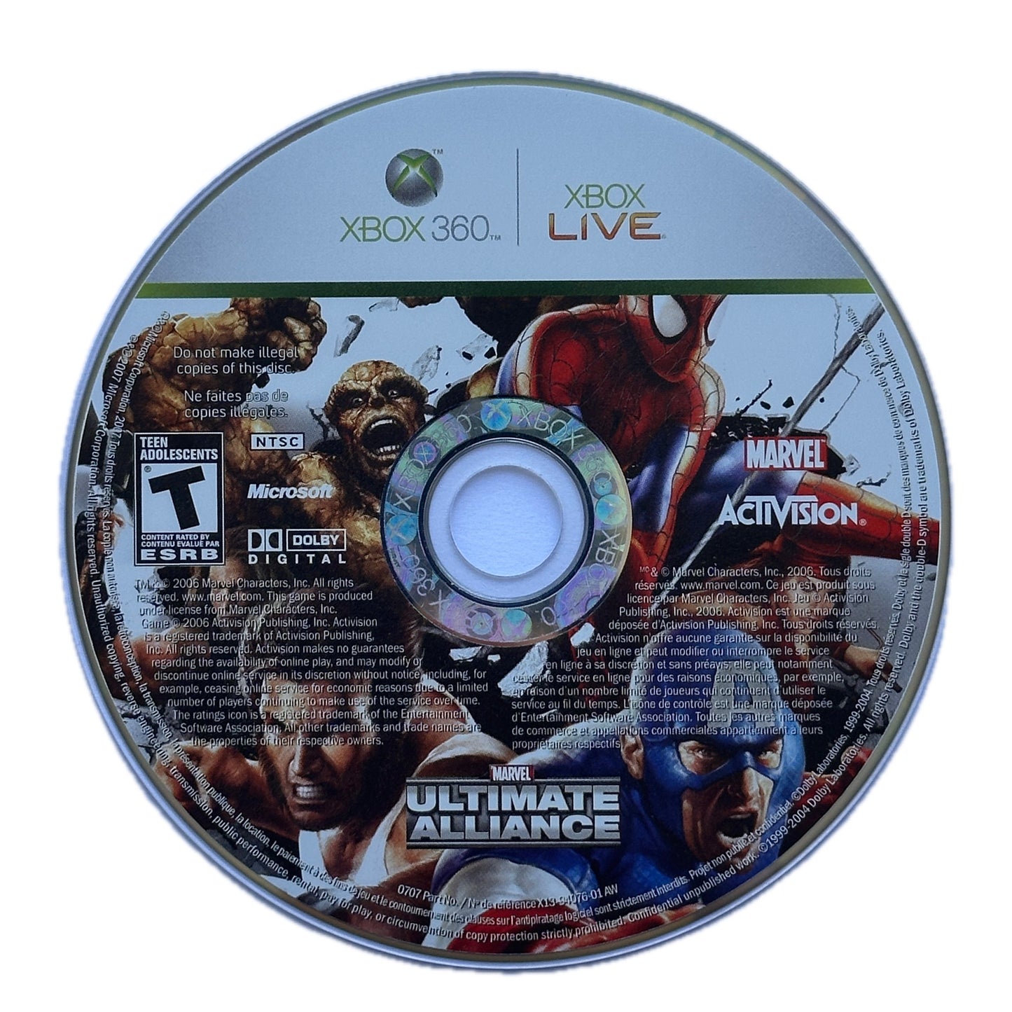 Game disc for Marvel Ultimate Alliance on Xbox 360 with branding and graphics.