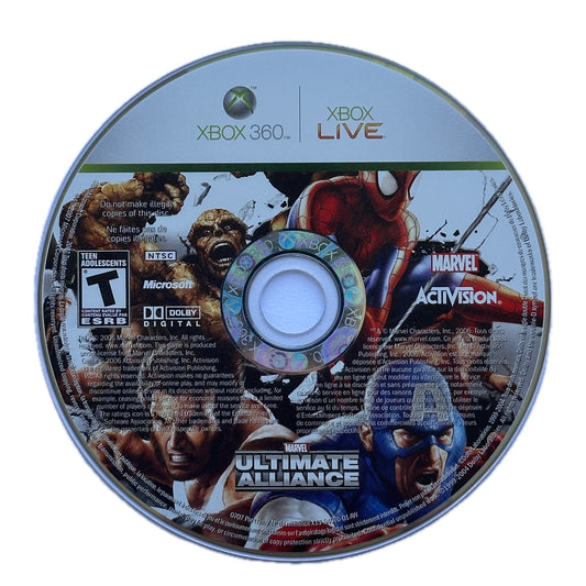Game disc for Marvel Ultimate Alliance on Xbox 360 with branding and graphics.