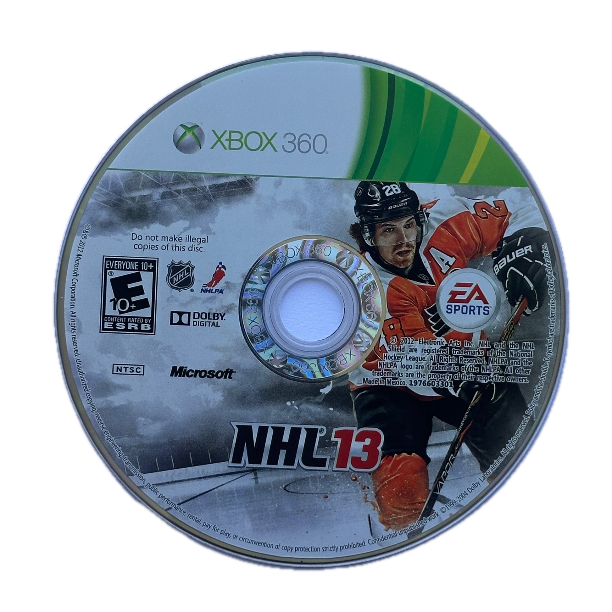 Xbox 360 game disc with NHL 13 cover featuring hockey players