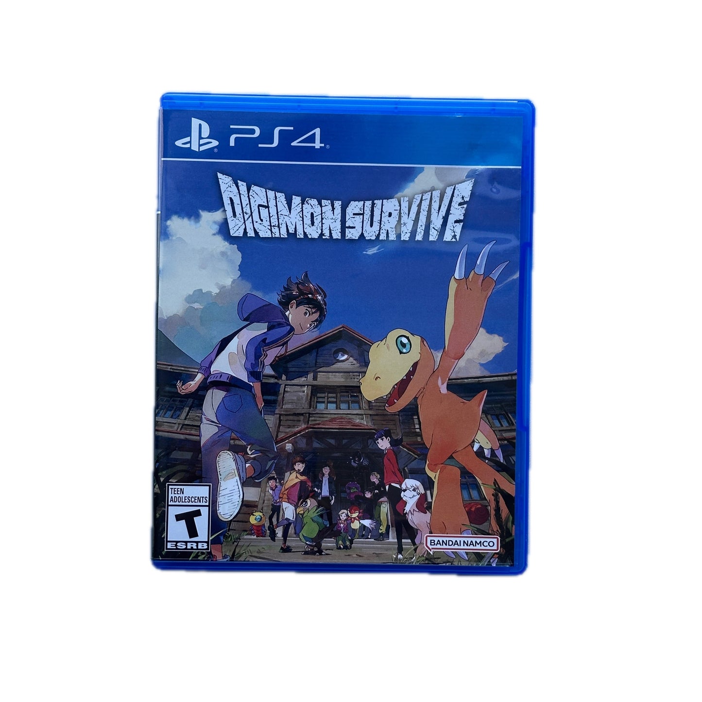 PlayStation 4 game case for 'Digimon Survive' with character illustration on a blue background