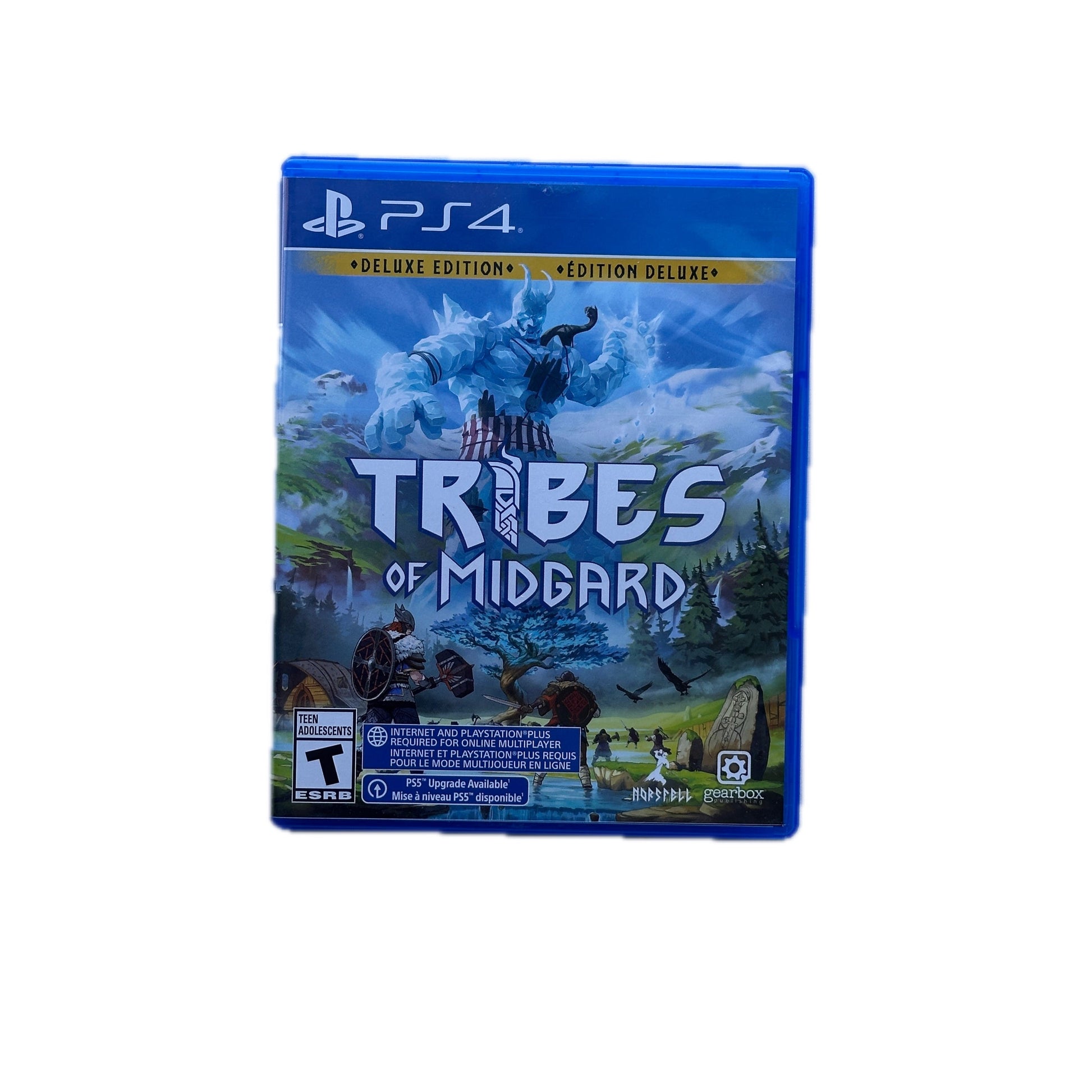 Game case for 'Tribes of Midgard' on PS4 with blue and white design