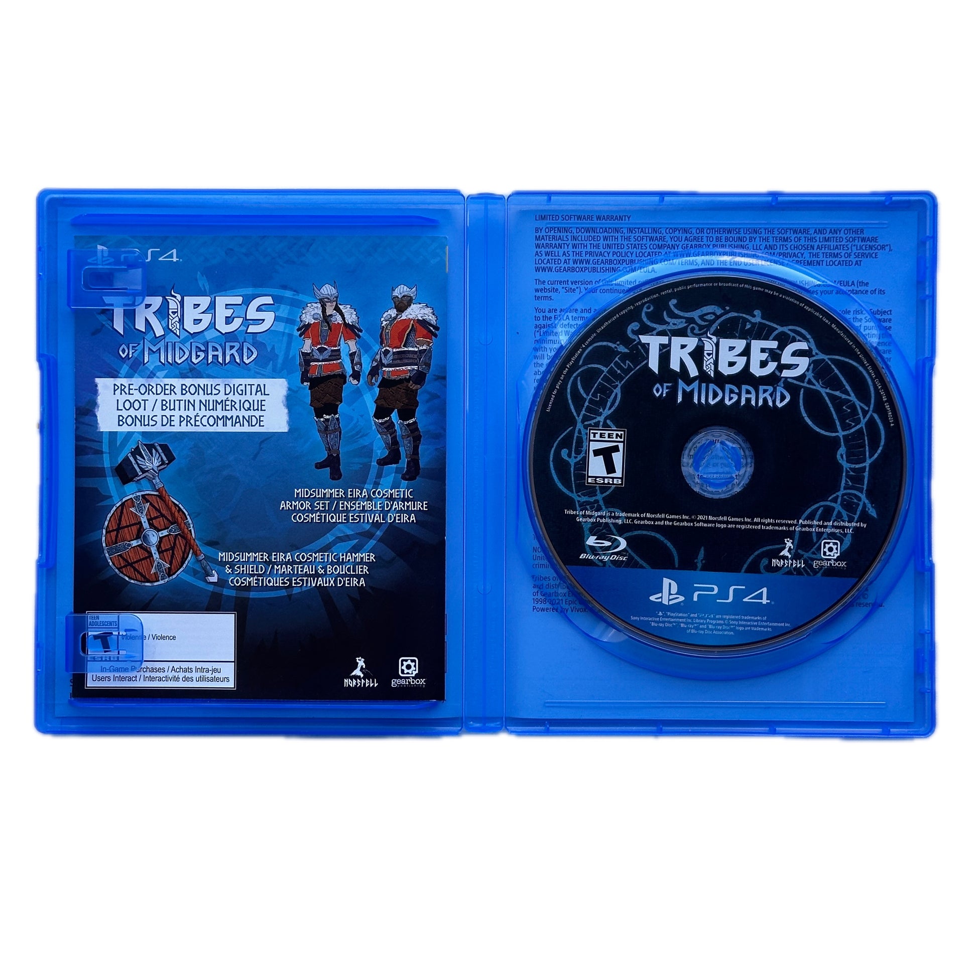 PlayStation 4 game disc in blue case with 'Tribes of Midgard' branding
