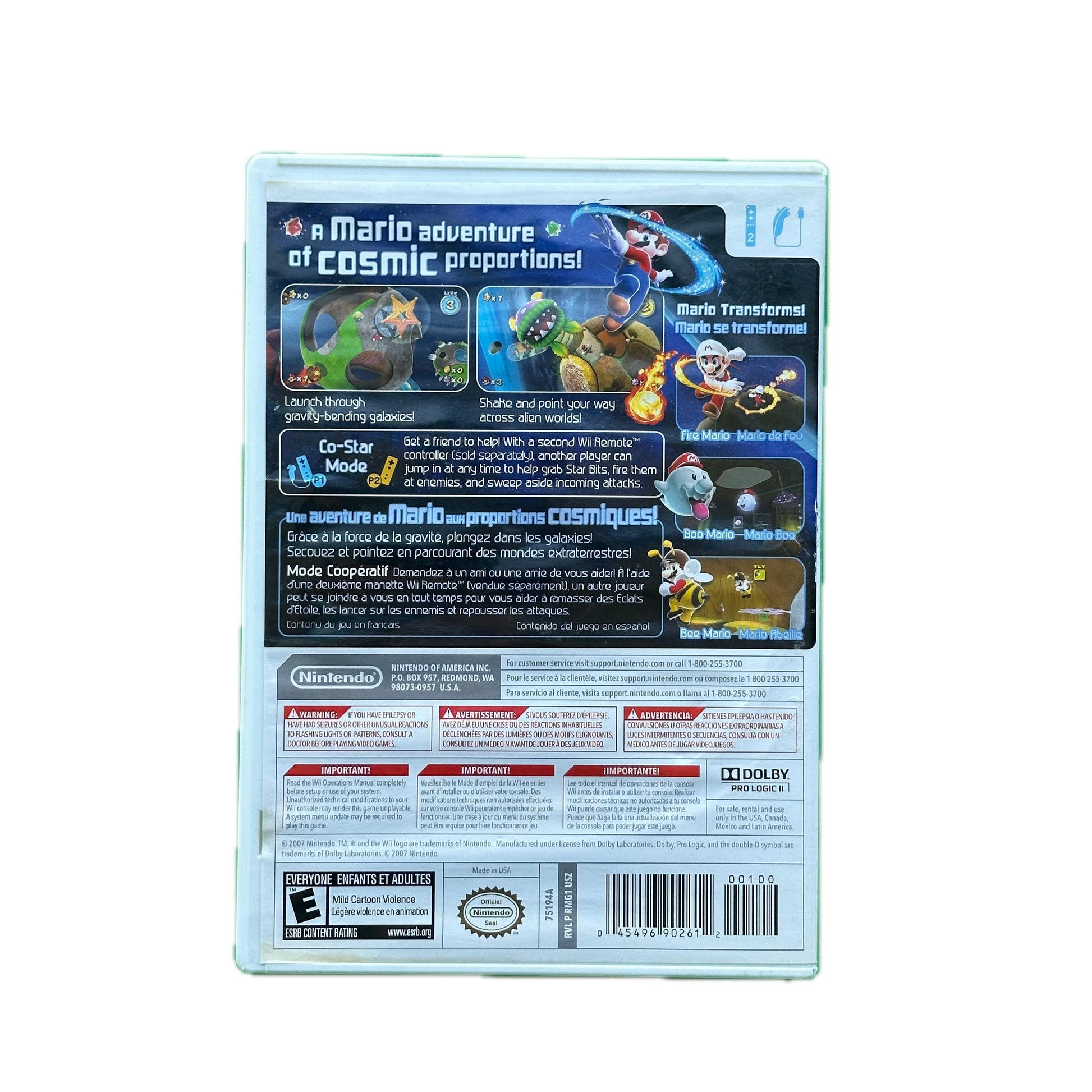 Back cover of a video game packaging with character illustrations and text on a white background