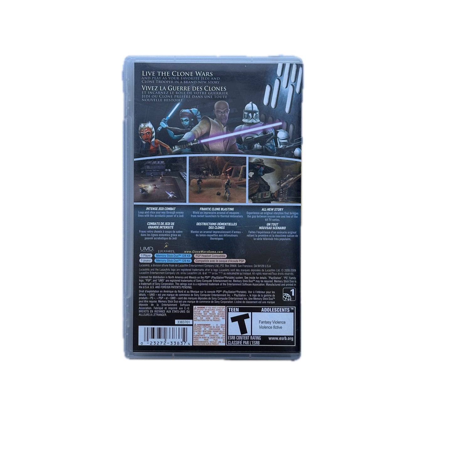 Back cover of a 'Star Wars' PSP Game with character images and text.