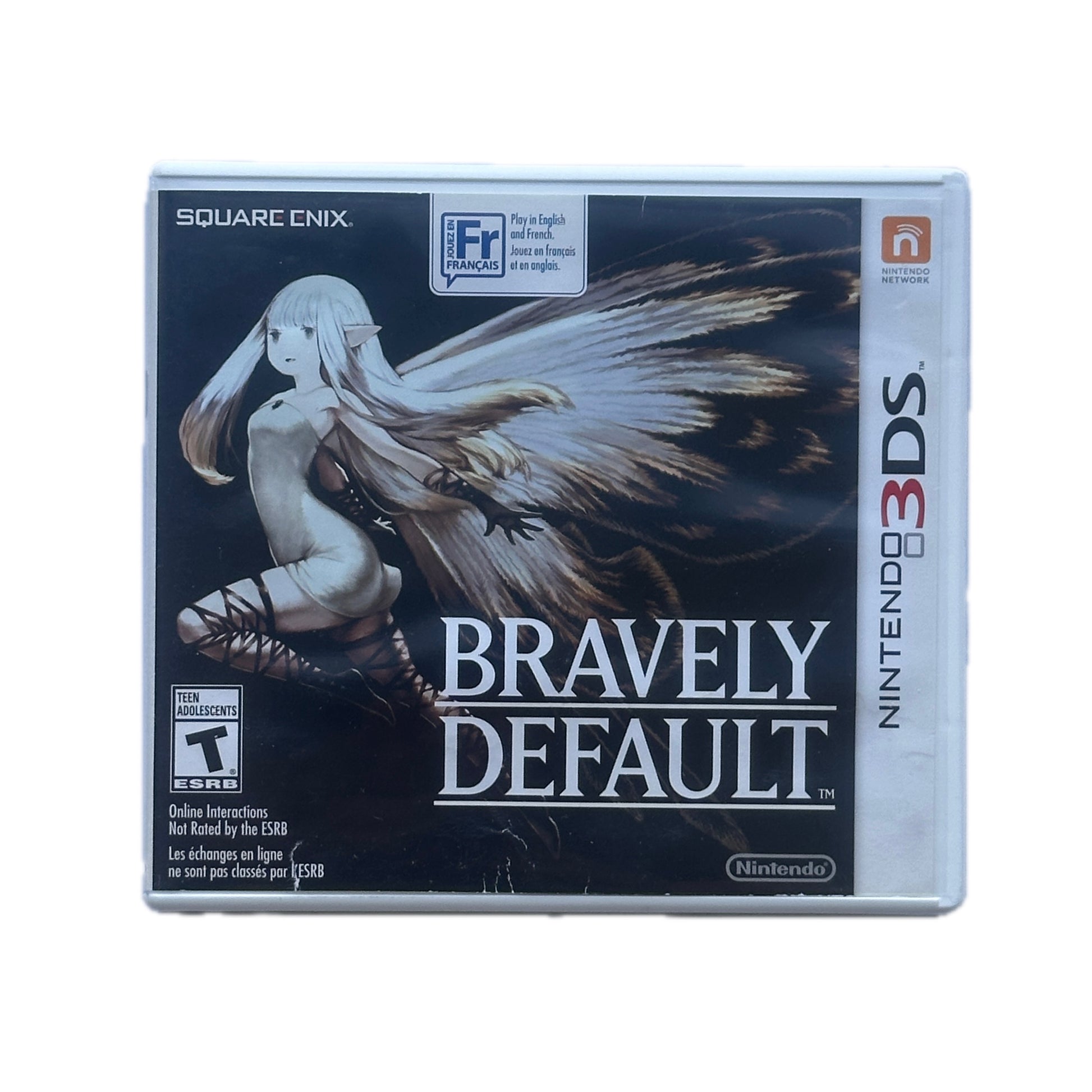 Game case for 'Bravely Default' on Nintendo 3DS with artwork of a character and wings.