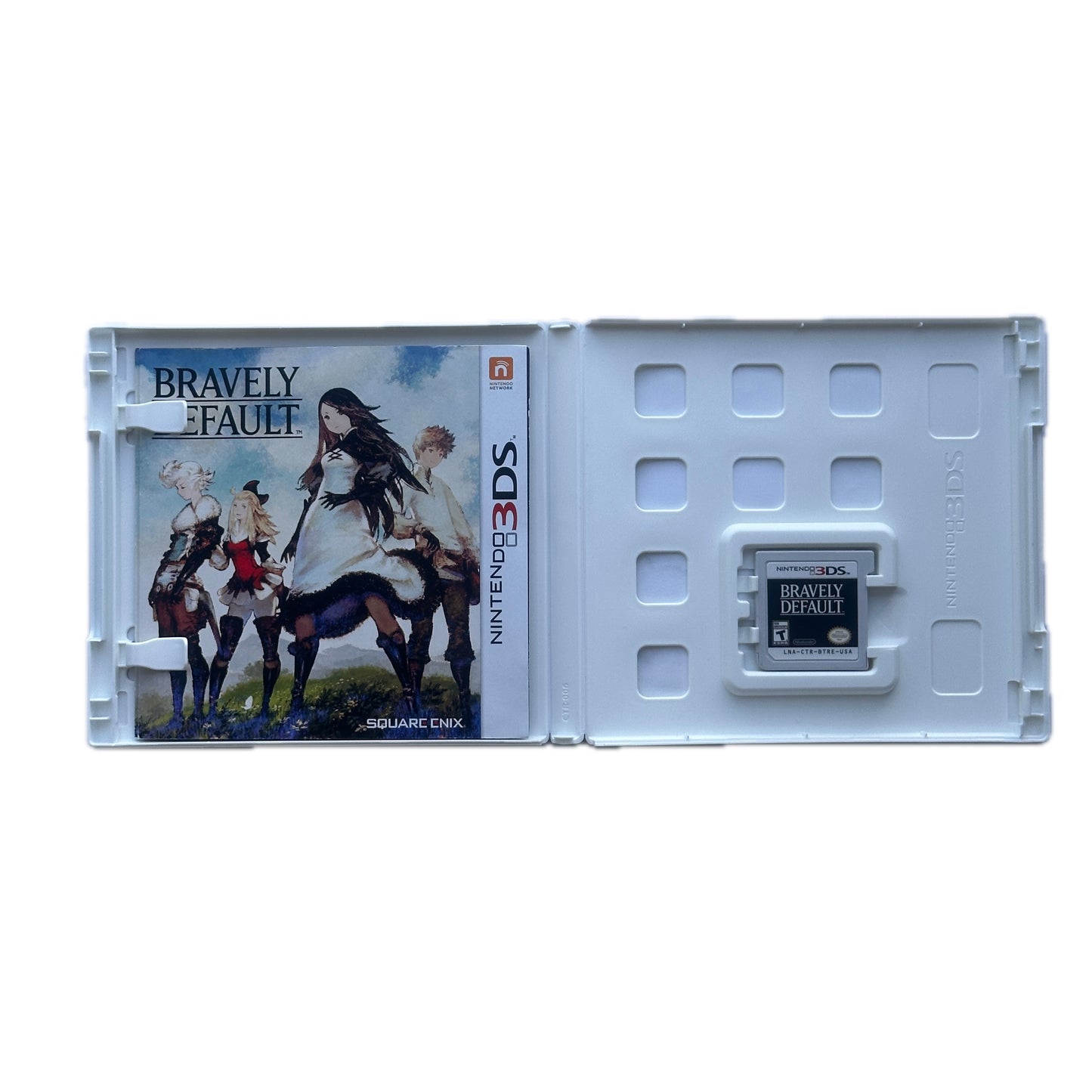 Nintendo 3DS game cartridge for 'Bravely Default' with cover on a white background