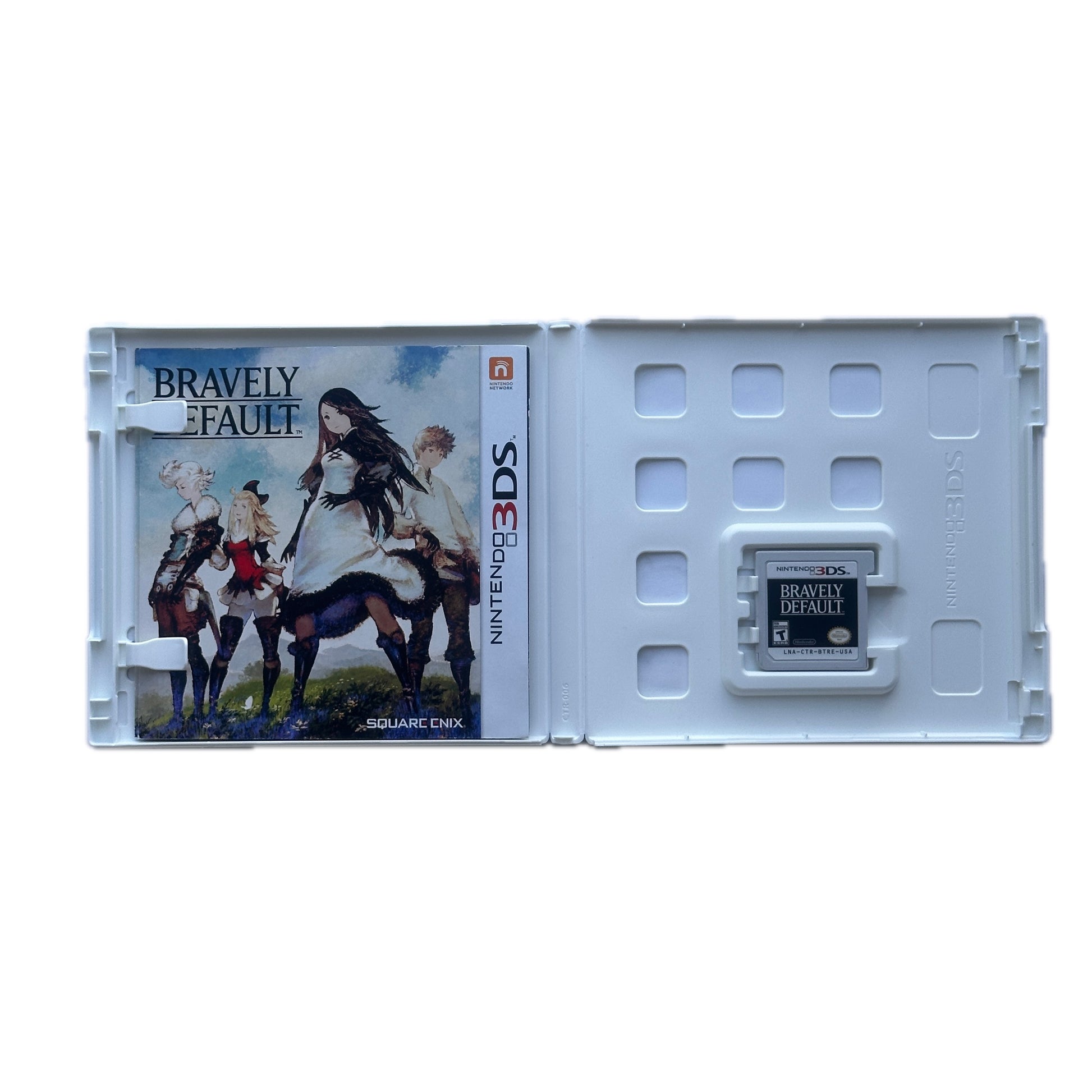 Nintendo 3DS game cartridge for 'Bravely Default' with cover on a white background