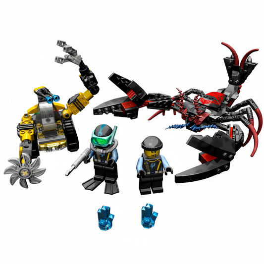 LEGO figures and vehicles on a white background