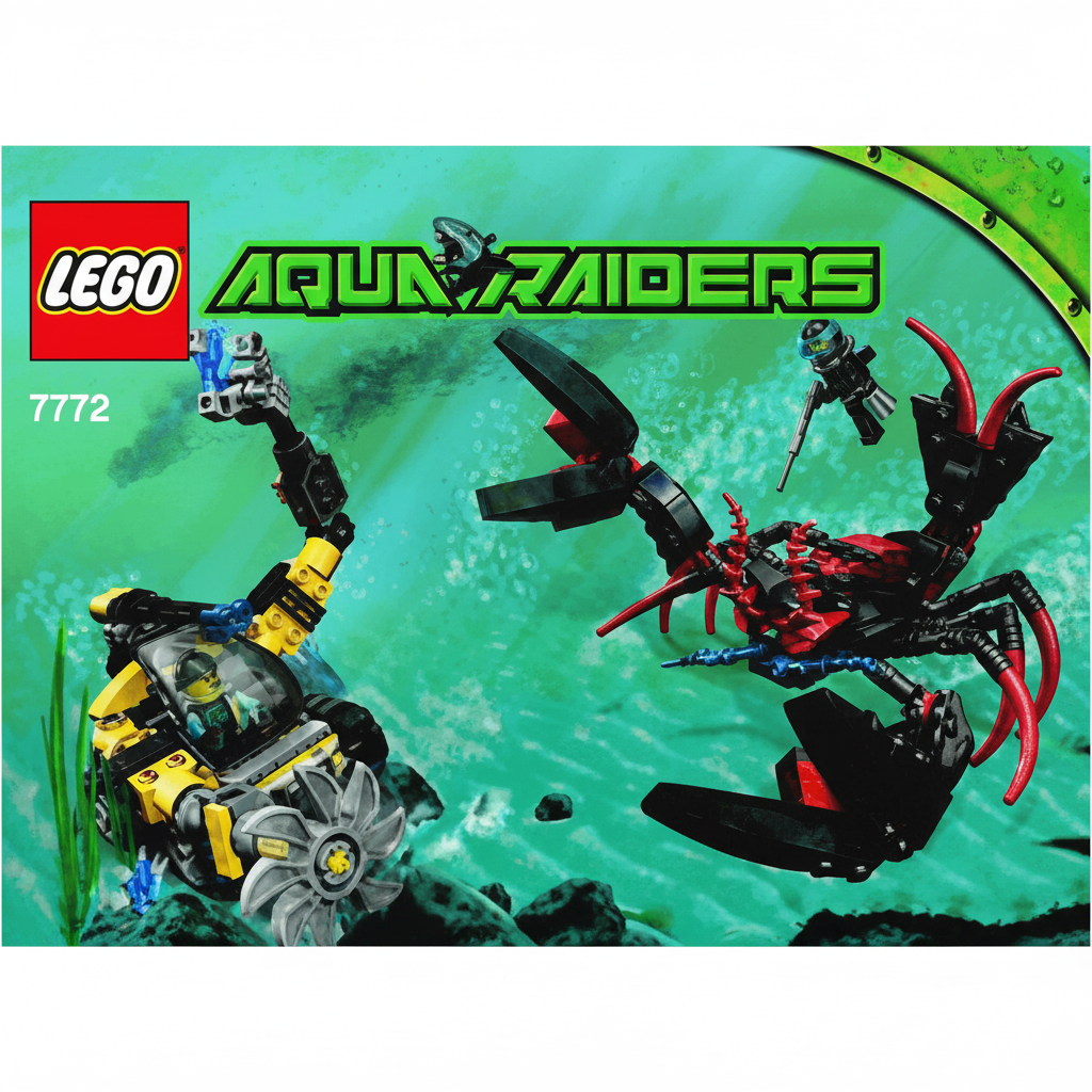 LEGO Aqua Raiders set instructions with two crab-like figures on a green background