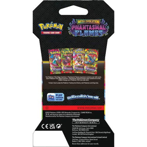 Pokémon trading card game pack with 'Phantasmal Flames' theme on a black background