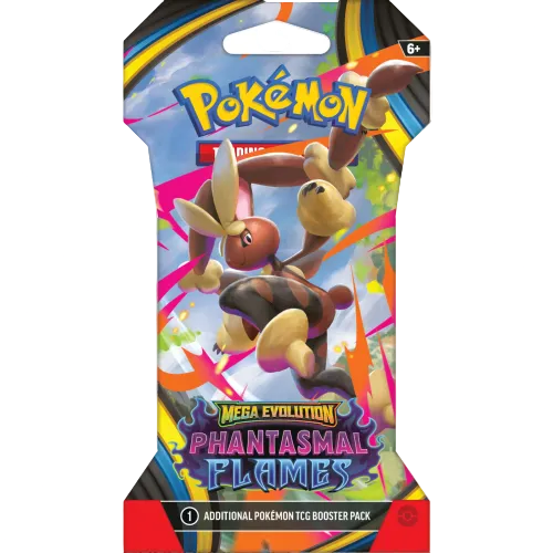 Pokémon Mega Evolution Phantasmal Flames booster pack on a white background