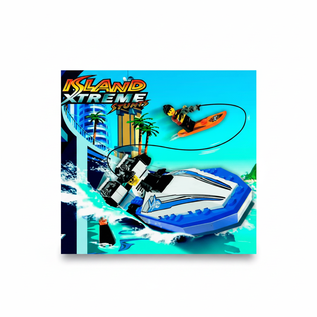 Lego Island Xtreme Sports set Innstructions with a boat and people on a blue background